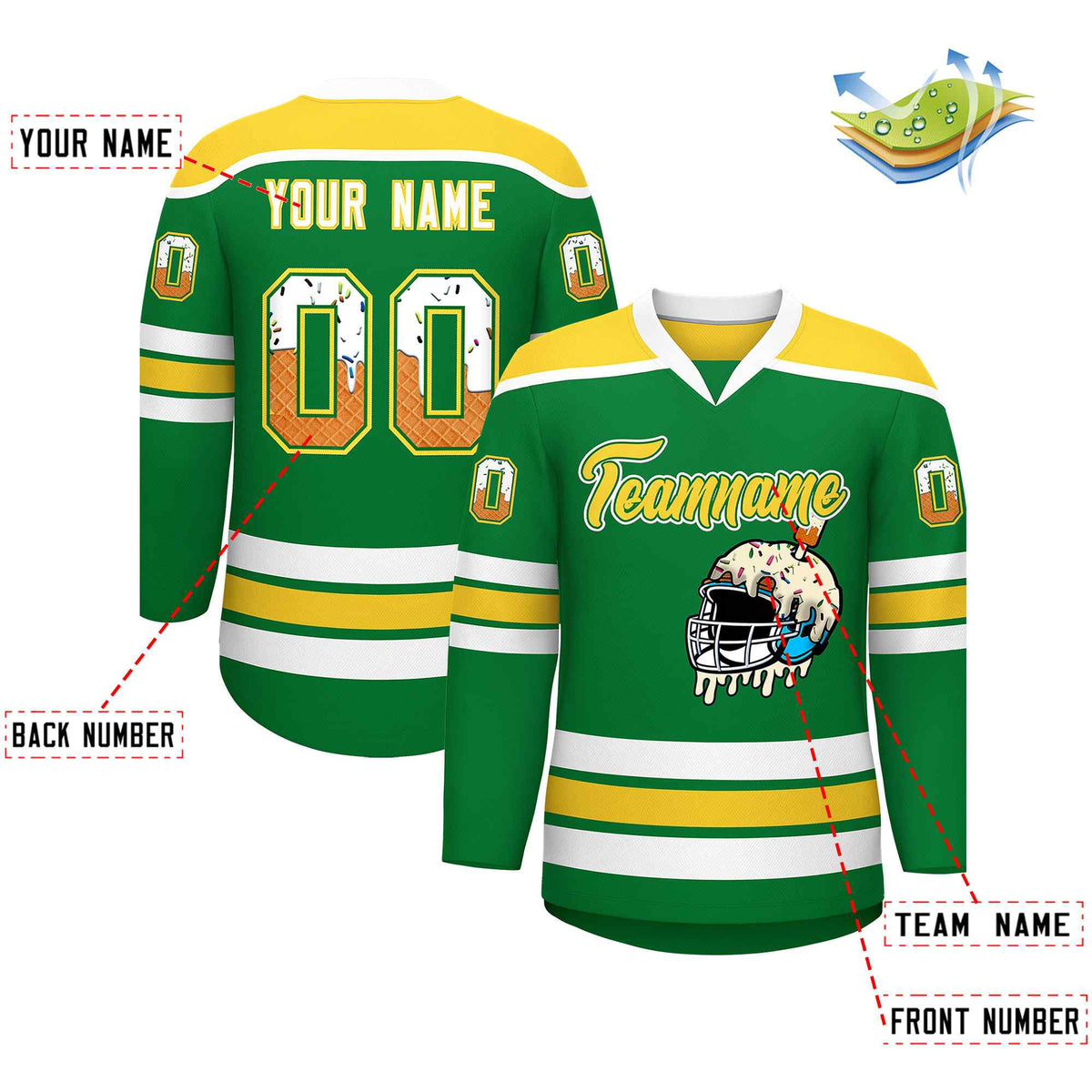 Custom Kelly Green Gold Ice Cream Helmet Pattern Personalized V-Neck Hockey Jersey
