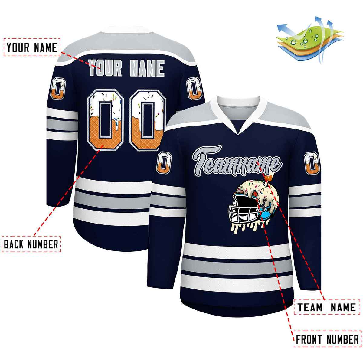 Custom Navy Silver Ice Cream Helmet Pattern Personalized V-Neck Hockey Jersey