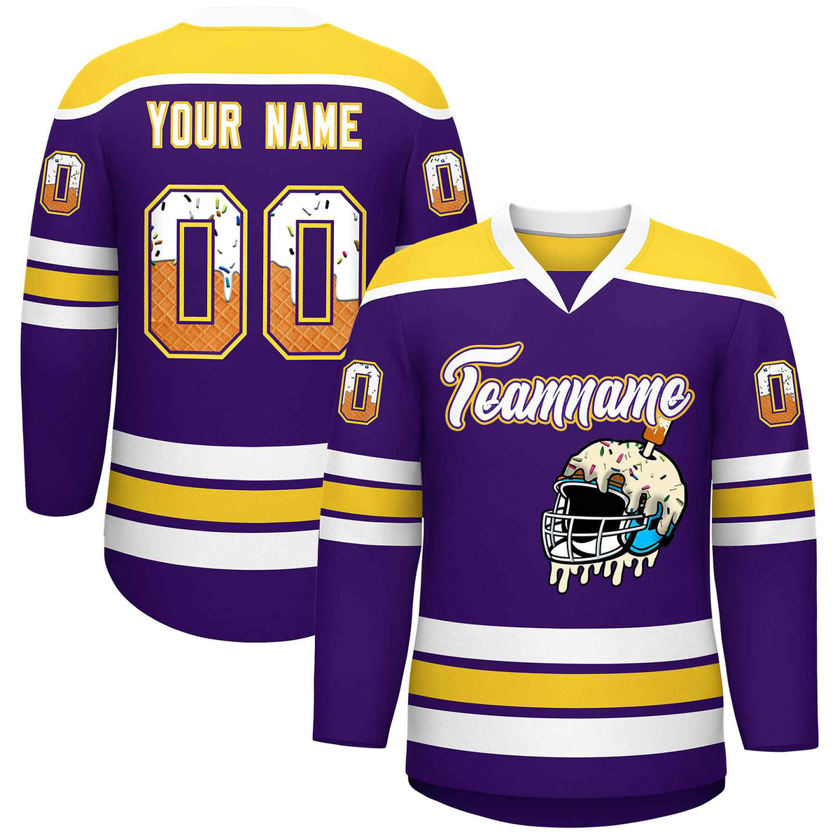 Custom Purple Gold Ice Cream Helmet Pattern Personalized V-Neck Hockey Jersey