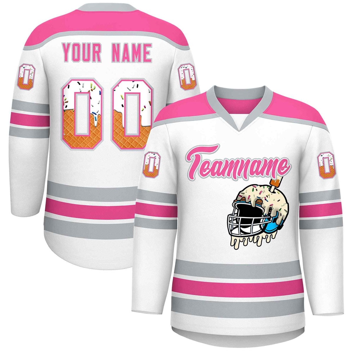 Custom White Pink Ice Cream Helmet Pattern Personalized V-Neck Hockey Jersey