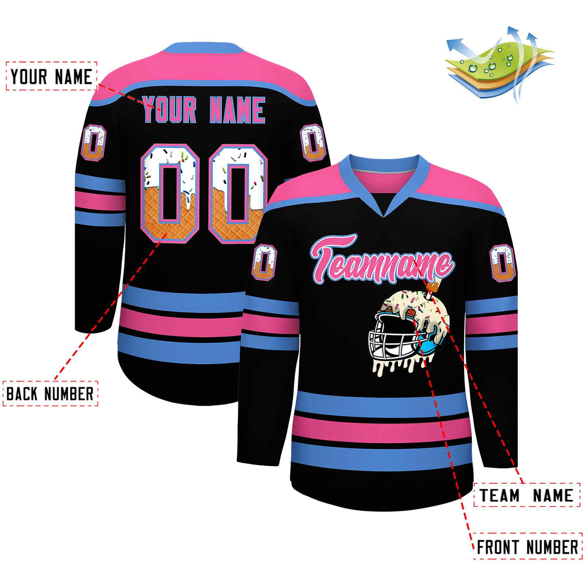 Custom Black Powder Blue Ice Cream Helmet Pattern Personalized V-Neck Hockey Jersey