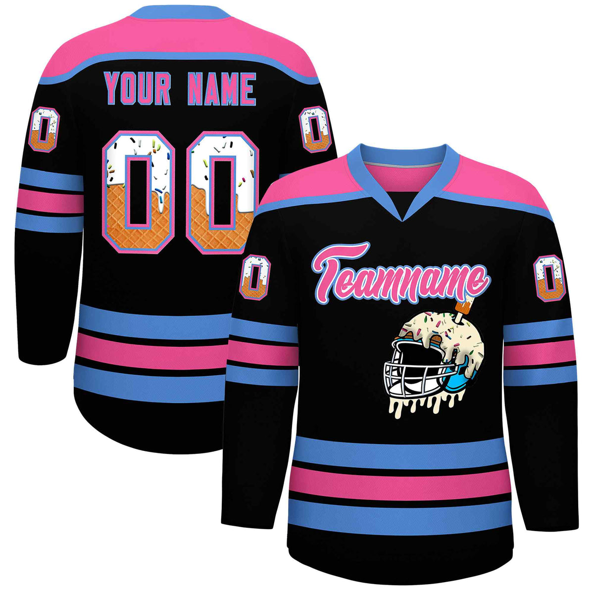 Custom Black Powder Blue Ice Cream Helmet Pattern Personalized V-Neck Hockey Jersey