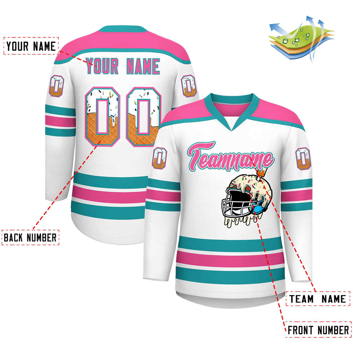 Custom White Pink Ice Cream Helmet Pattern Personalized V-Neck Hockey Jersey