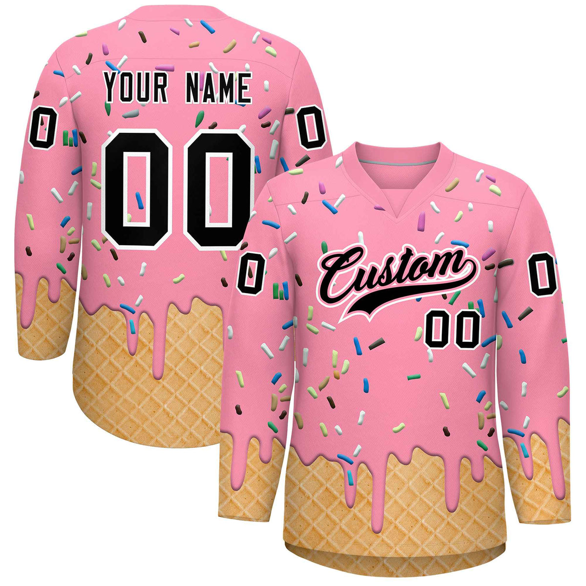 Custom Light Pink Black Ice Cream Pattern Personalized V-Neck Hockey Jersey