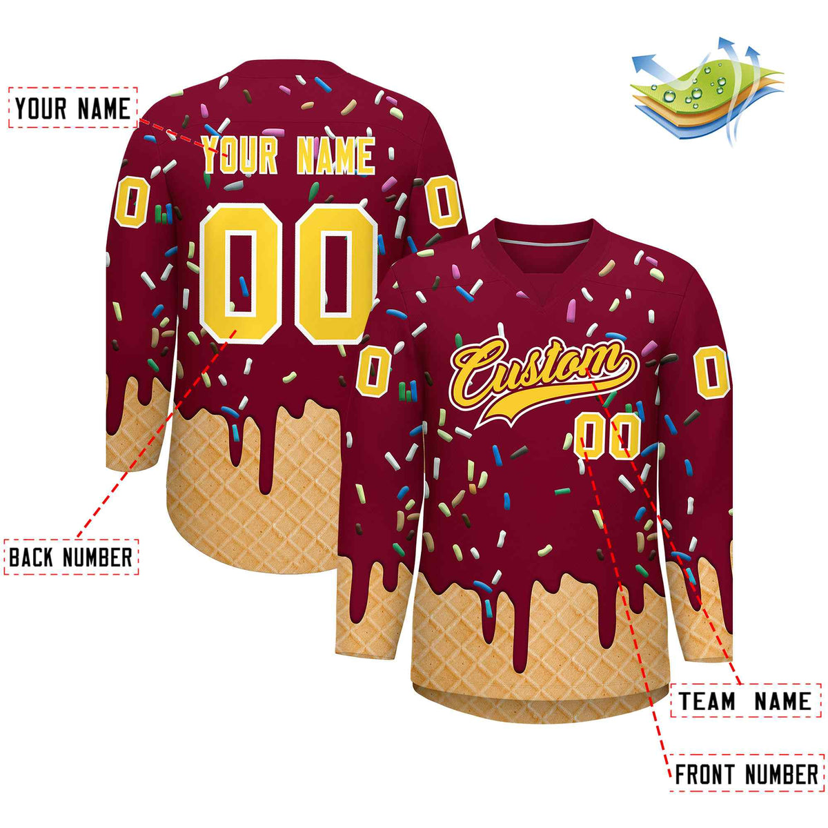 Custom Crimson Gold Ice Cream Pattern Personalized V-Neck Hockey Jersey