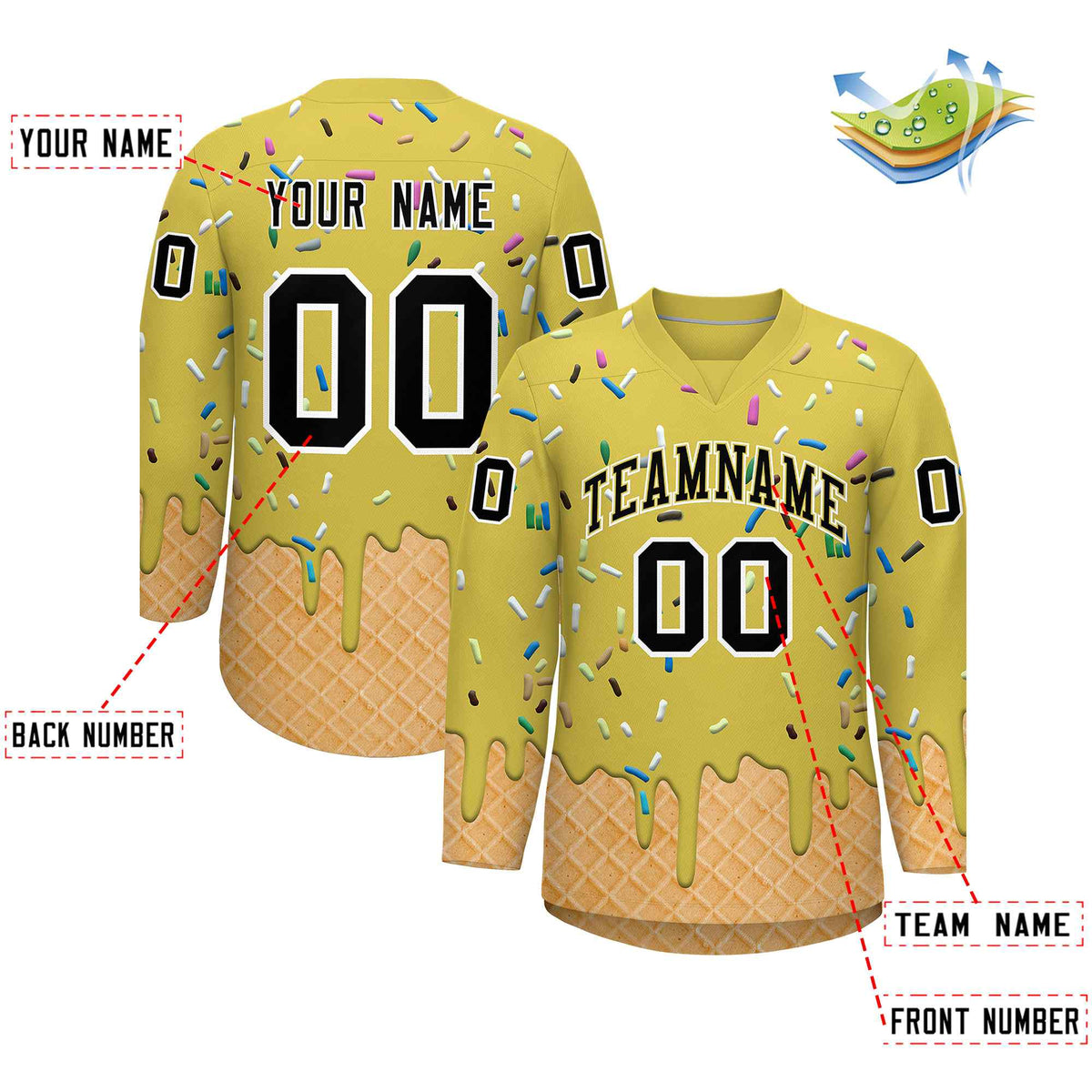 Custom Old Gold Black Ice Cream Pattern Personalized V-Neck Hockey Jersey