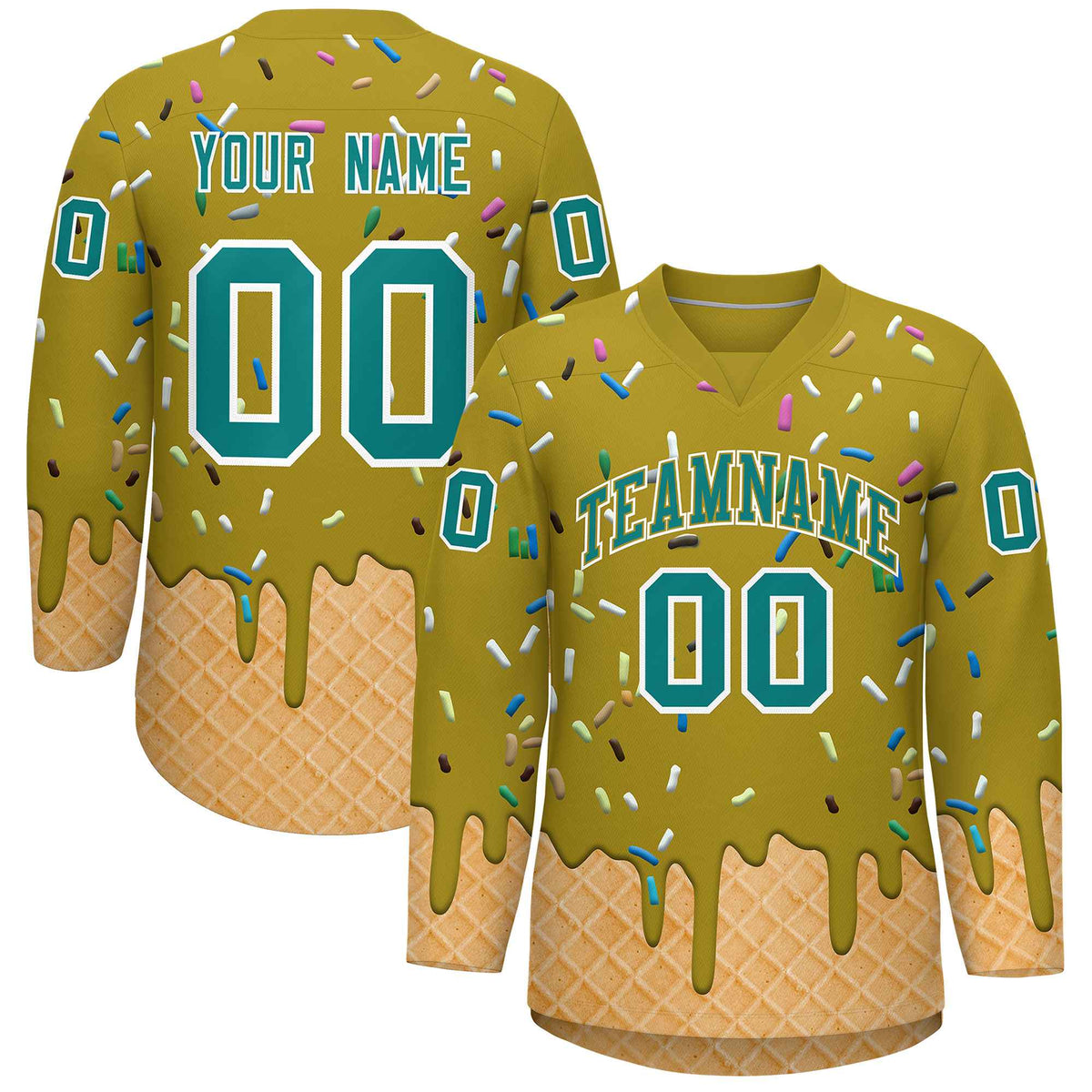 Custom Old Gold Teal Ice Cream Pattern Personalized V-Neck Hockey Jersey