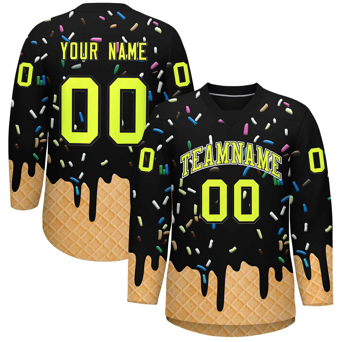 Custom Black Fluorescent Green Ice Cream Pattern Personalized V-Neck Hockey Jersey