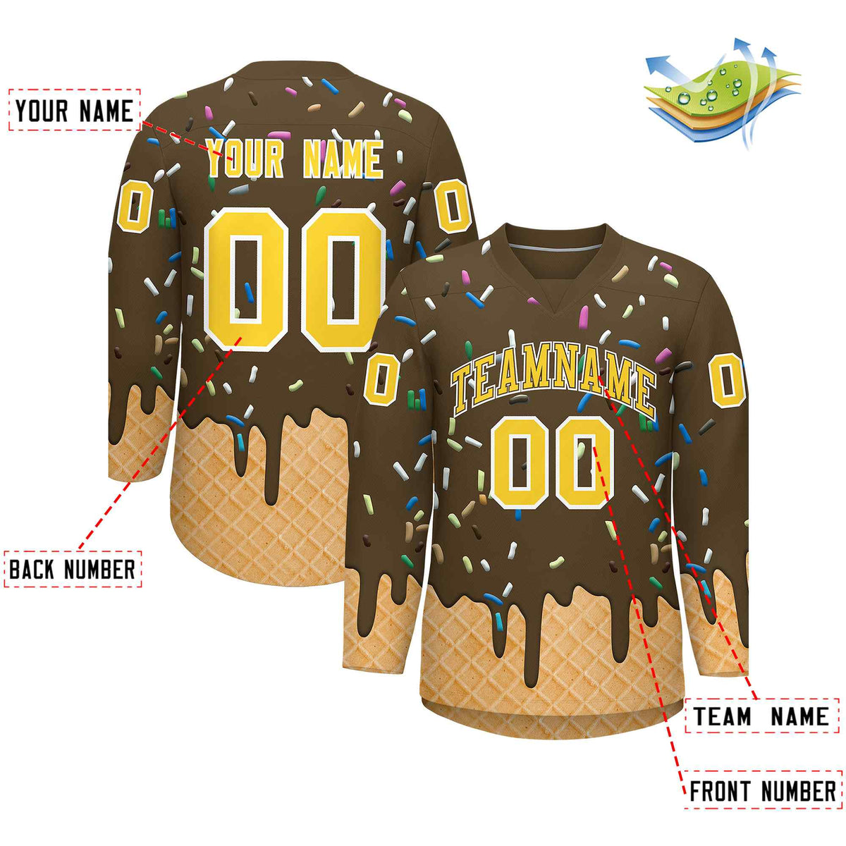 Custom Light Brown Gold Ice Cream Pattern Personalized V-Neck Hockey Jersey