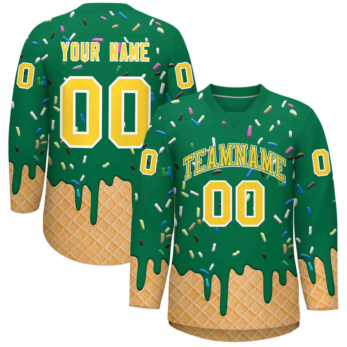 Custom Kelly Green Gold Ice Cream Pattern Personalized V-Neck Hockey Jersey