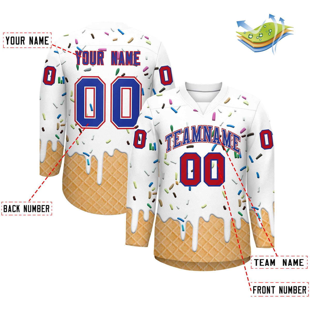 Custom White Royal Blue Ice Cream Pattern Personalized V-Neck Hockey Jersey