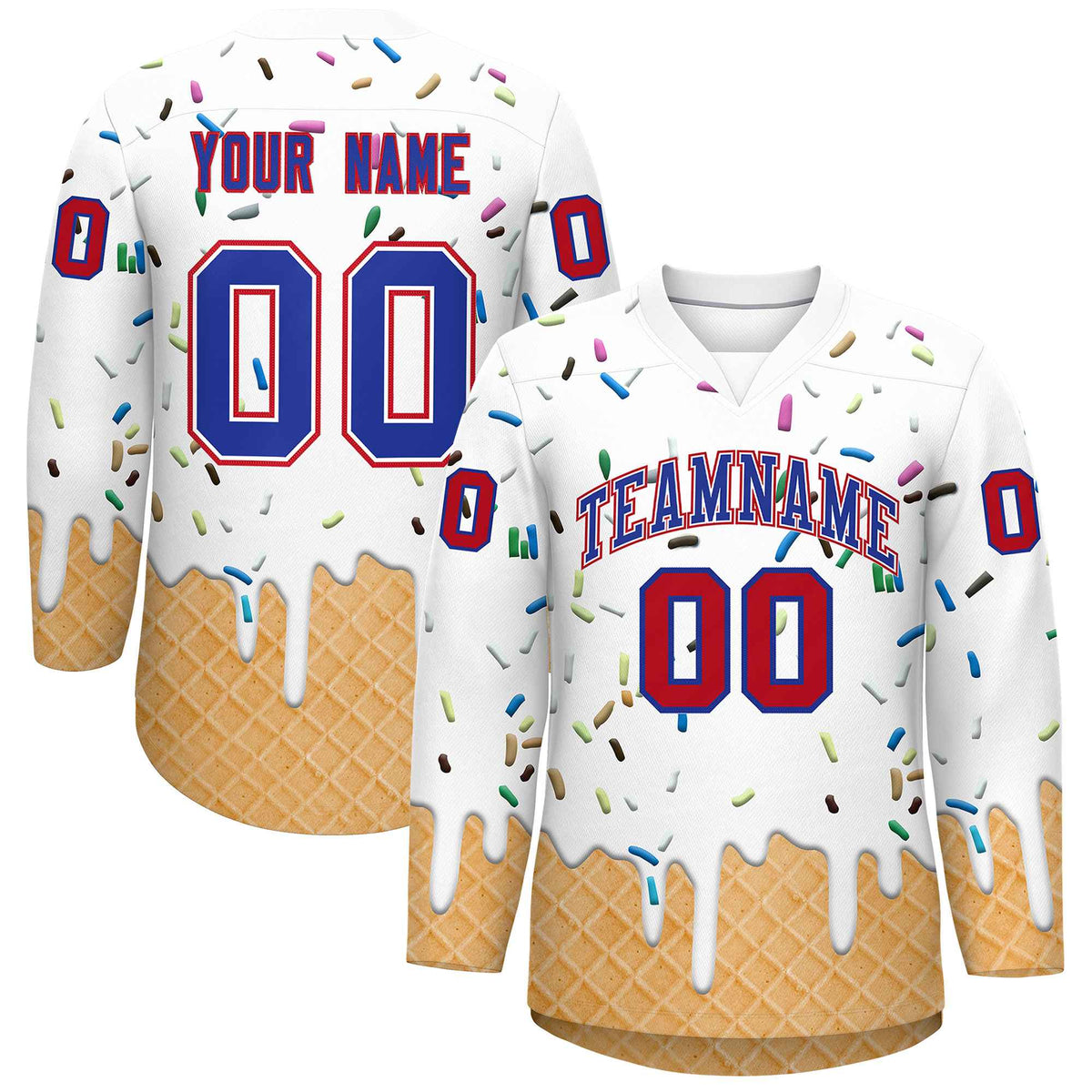 Custom White Royal Blue Ice Cream Pattern Personalized V-Neck Hockey Jersey