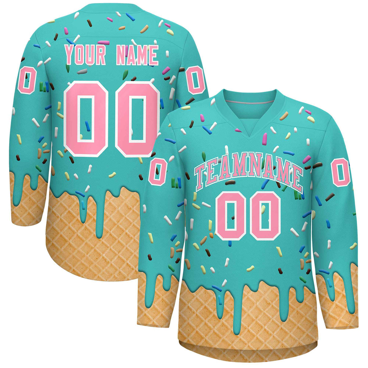 Custom Teal Light Pink Ice Cream Pattern Personalized V-Neck Hockey Jersey