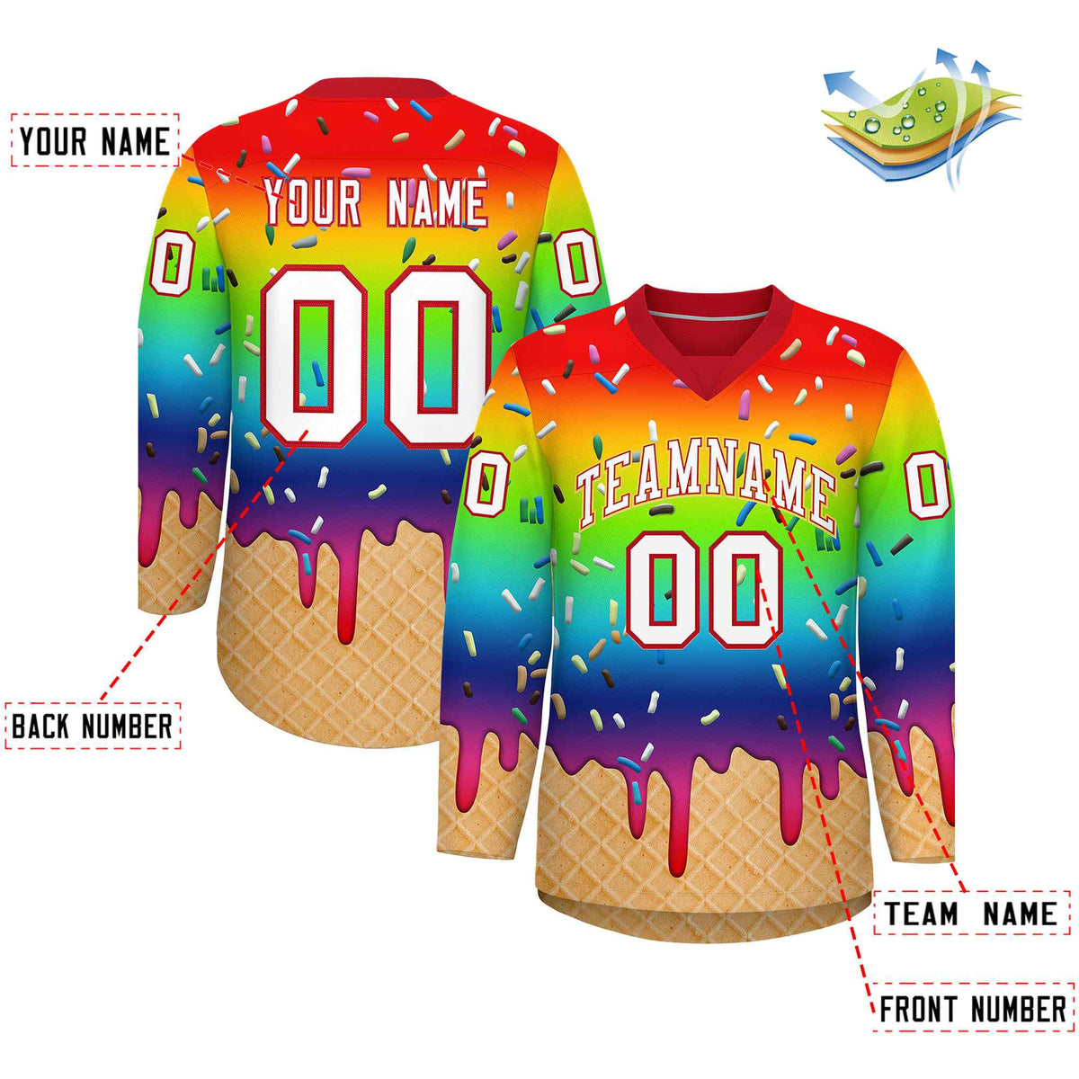 Custom Rainbow White Ice Cream Pattern Personalized V-Neck Hockey Jersey