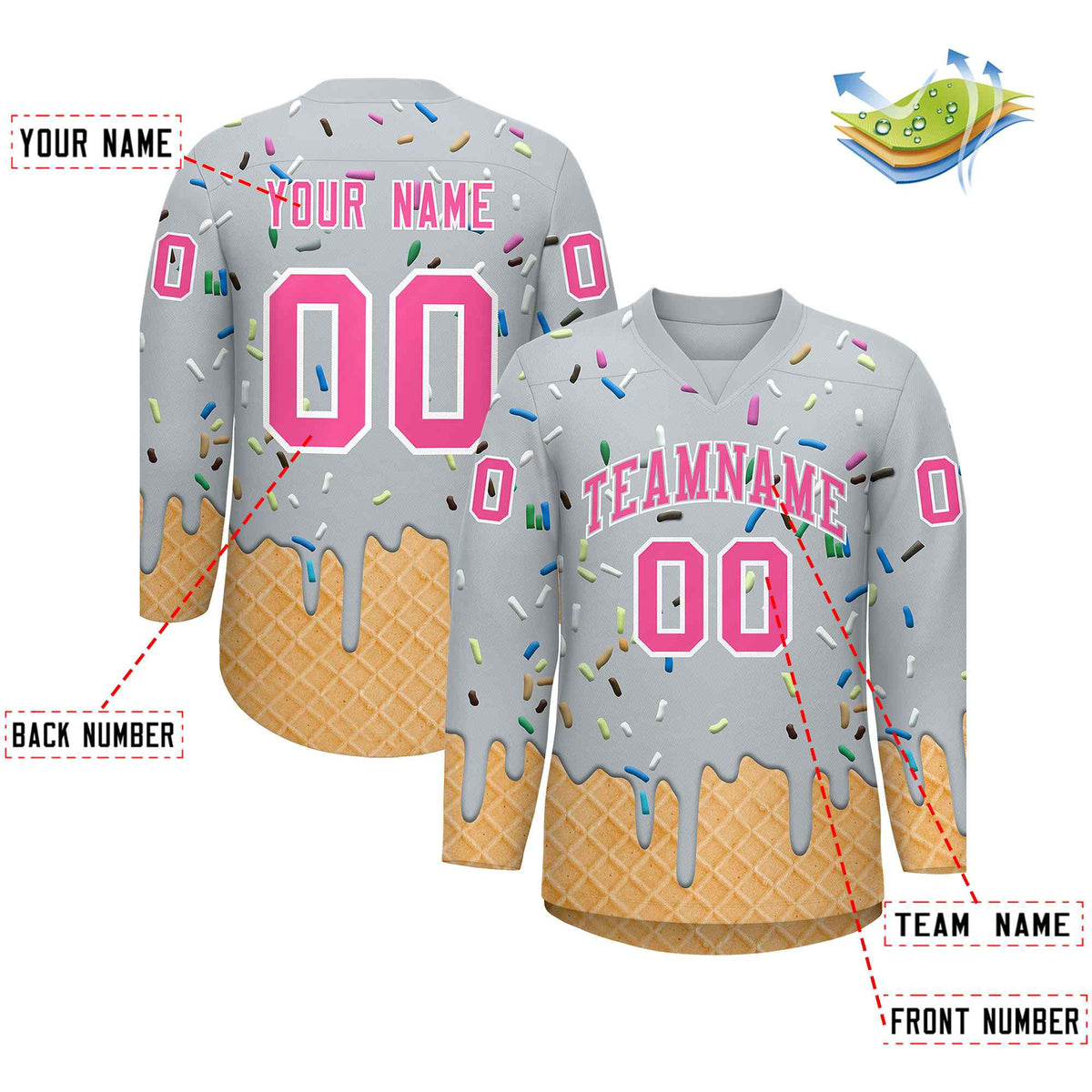 Custom Silver Pink Ice Cream Pattern Personalized V-Neck Hockey Jersey