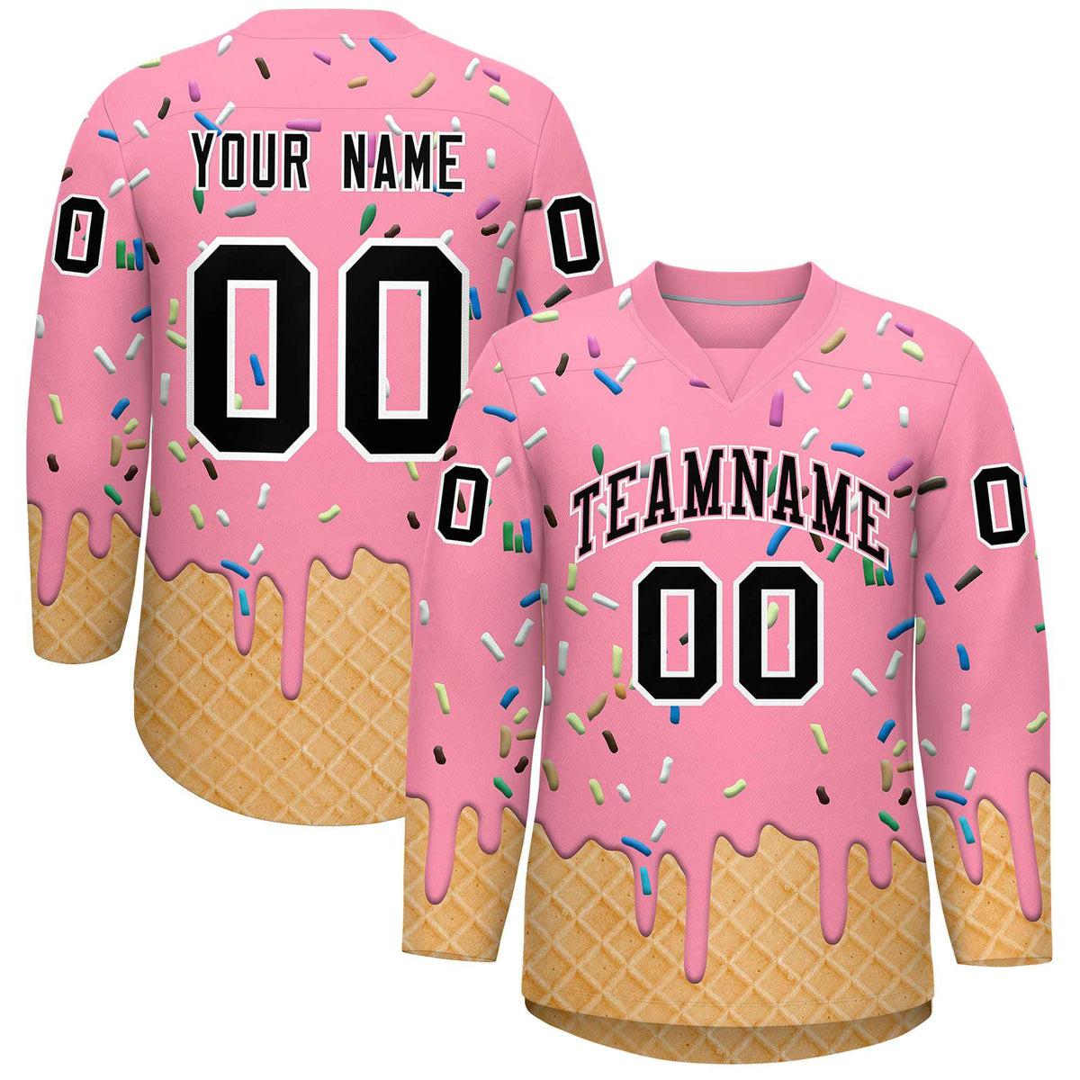 Custom Light Pink Black Ice Cream Pattern Personalized V-Neck Hockey Jersey