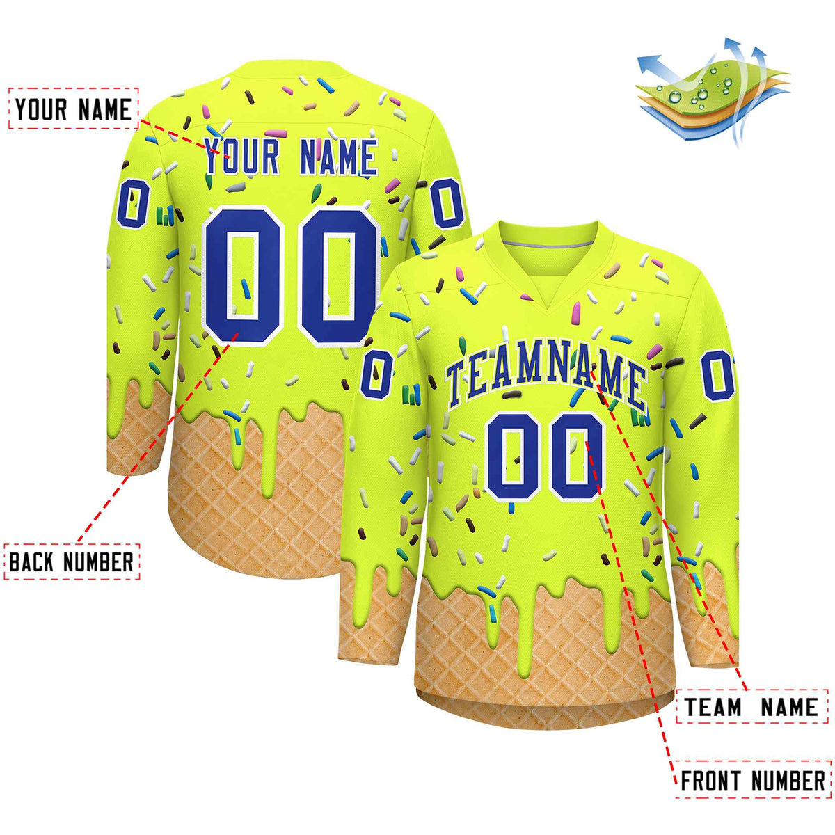 Custom Fluorescent Green Royal Blue Ice Cream Pattern Personalized V-Neck Hockey Jersey