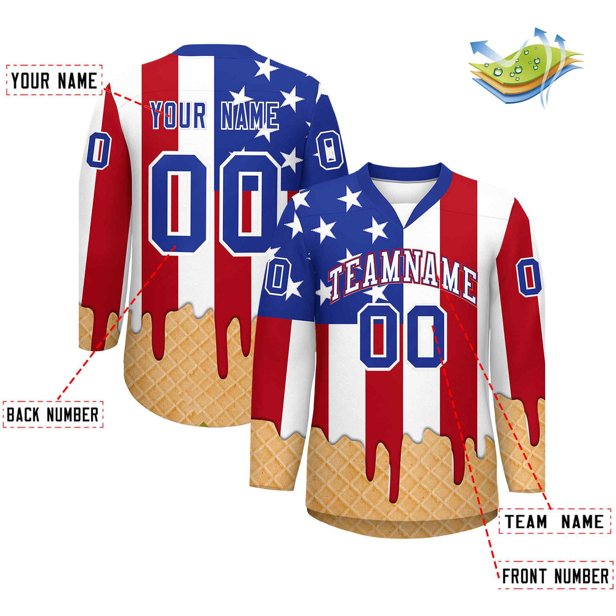 Custom American Flag White Ice Cream Pattern Personalized V-Neck Hockey Jersey