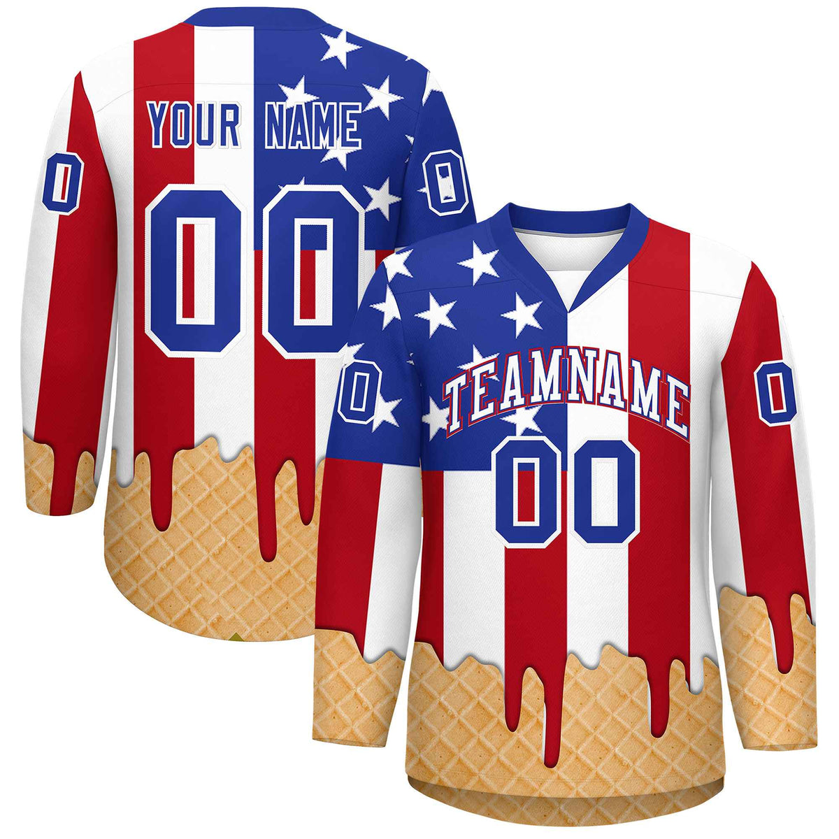 Custom American Flag White Ice Cream Pattern Personalized V-Neck Hockey Jersey