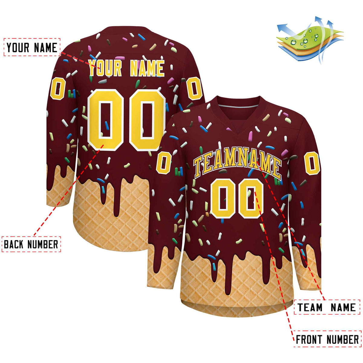 Custom Burgundy Gold Ice Cream Pattern Personalized V-Neck Hockey Jersey
