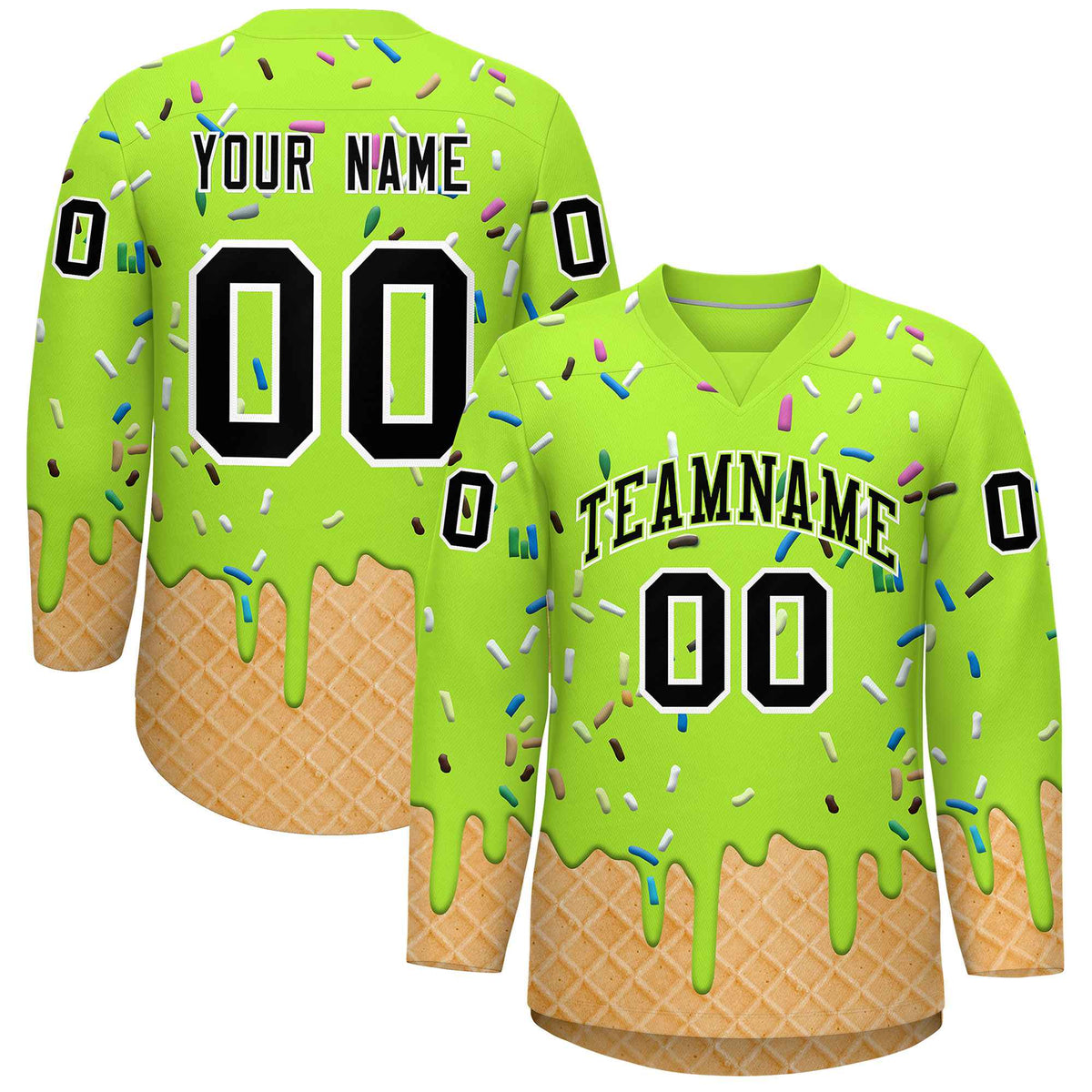 Custom Neon Green Black Ice Cream Pattern Personalized V-Neck Hockey Jersey