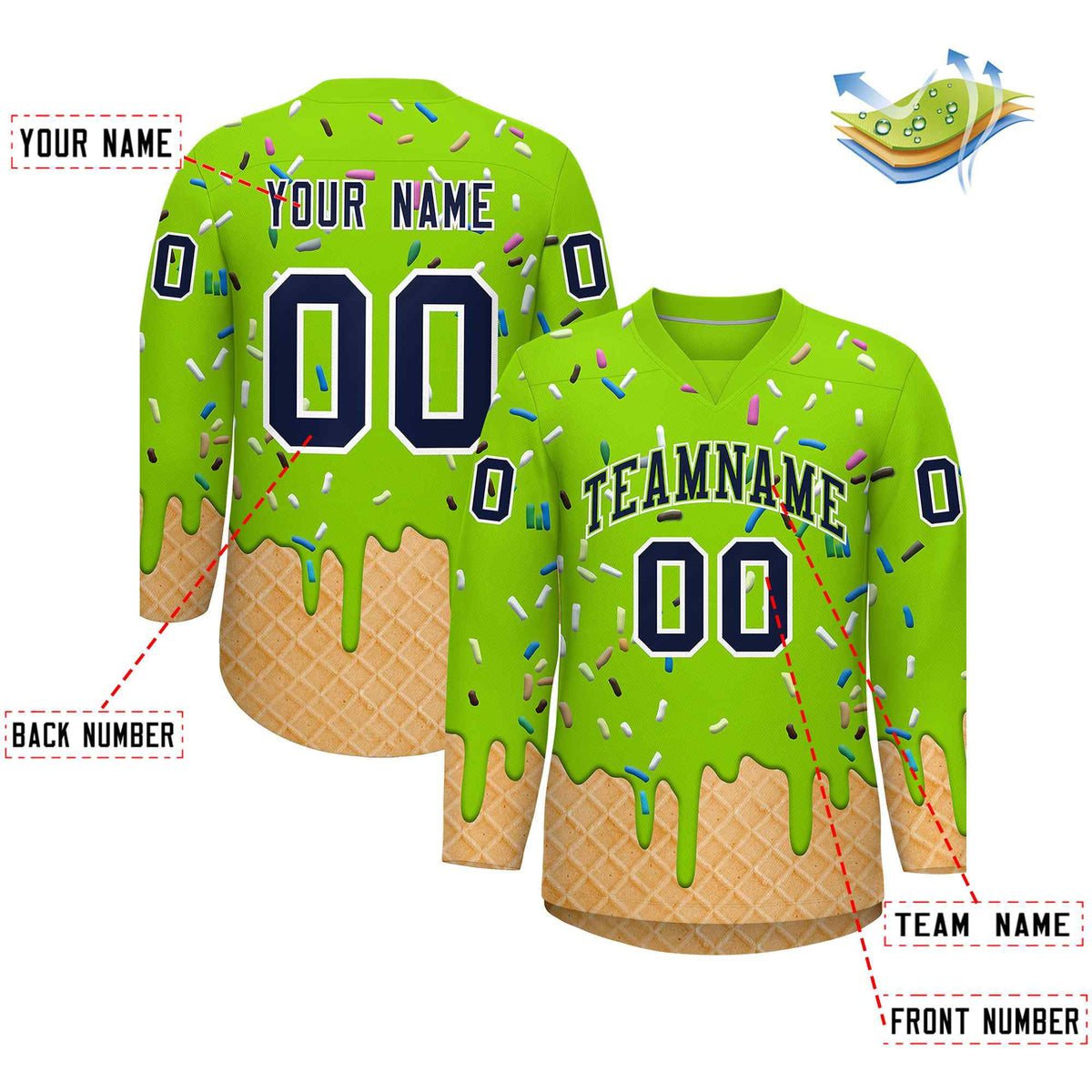 Custom Neon Green Navy Ice Cream Pattern Personalized V-Neck Hockey Jersey