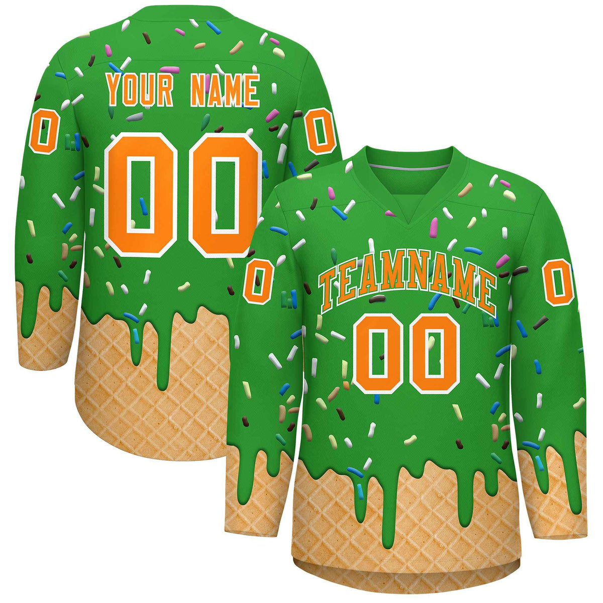 Custom Light Green Orange Ice Cream Pattern Personalized V-Neck Hockey Jersey