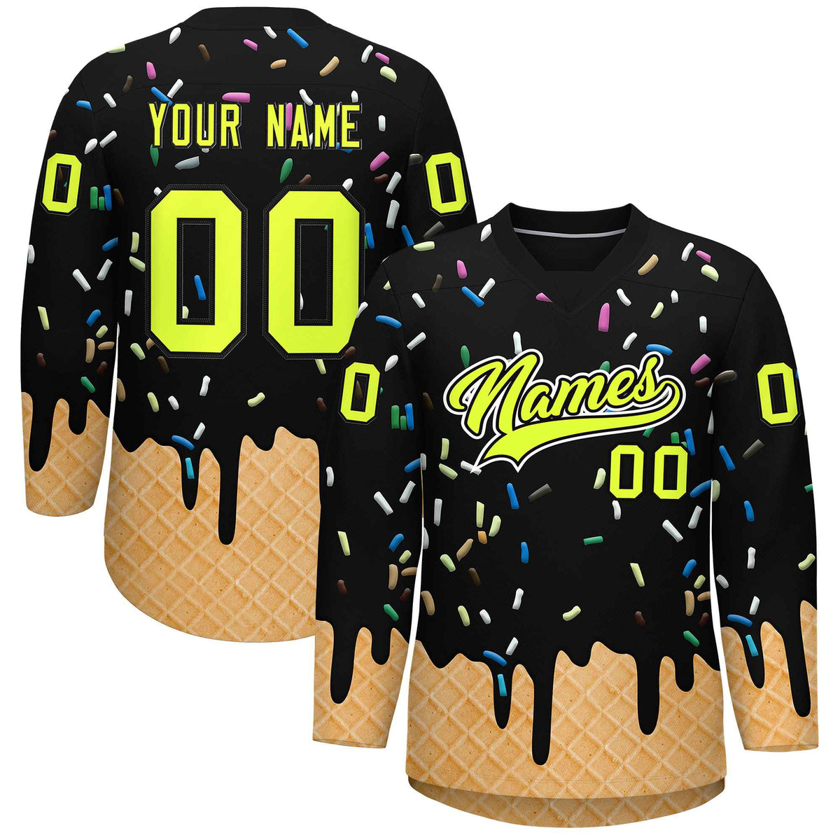 Custom Black Fluorescent Green Ice Cream Pattern Personalized V-Neck Hockey Jersey