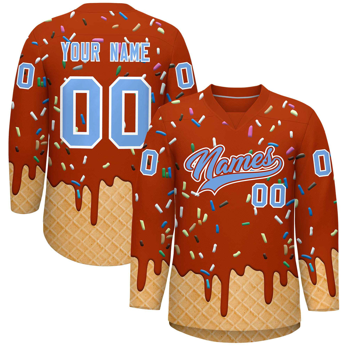Custom Dark Orange Light Blue Ice Cream Pattern Personalized V-Neck Hockey Jersey
