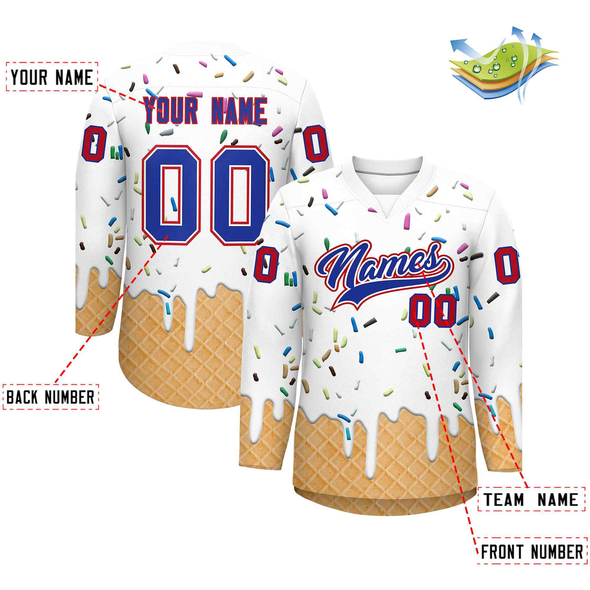 Custom White Royal Blue Ice Cream Pattern Personalized V-Neck Hockey Jersey