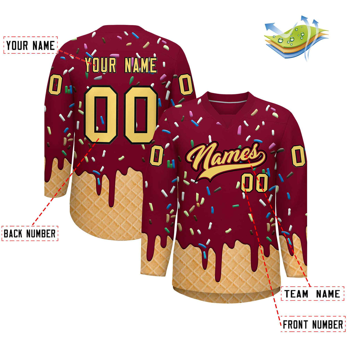 Custom Crimson Khaki Ice Cream Pattern Personalized V-Neck Hockey Jersey