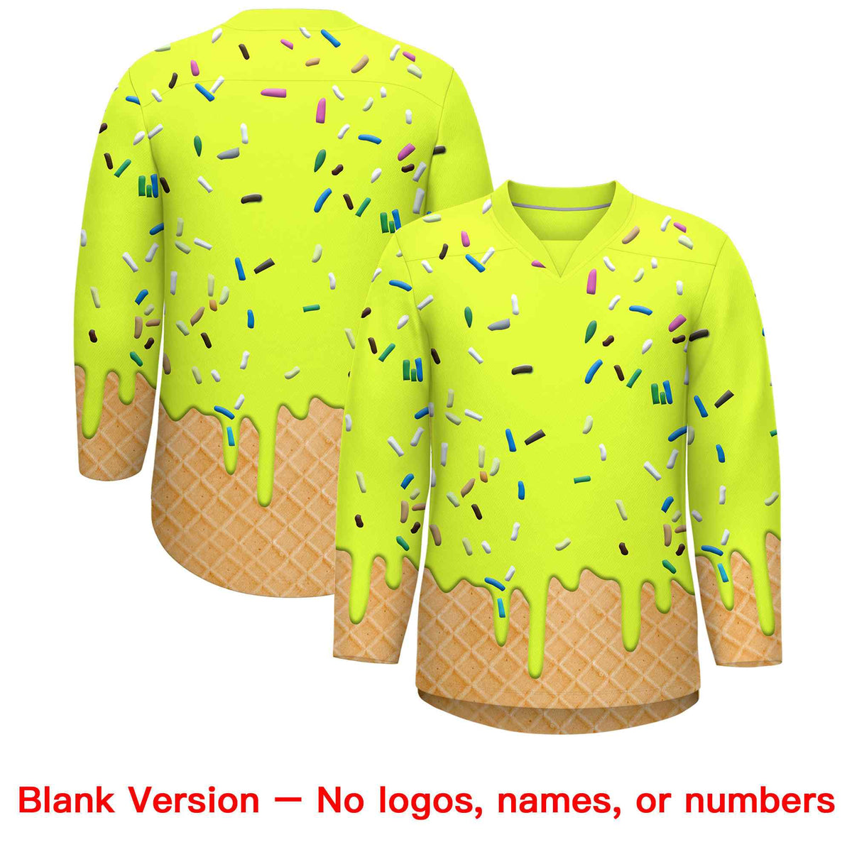 Custom Fluorescent Green Royal Blue Ice Cream Pattern Personalized V-Neck Hockey Jersey