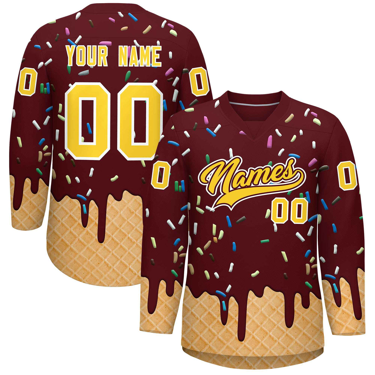 Custom Burgundy Gold Ice Cream Pattern Personalized V-Neck Hockey Jersey