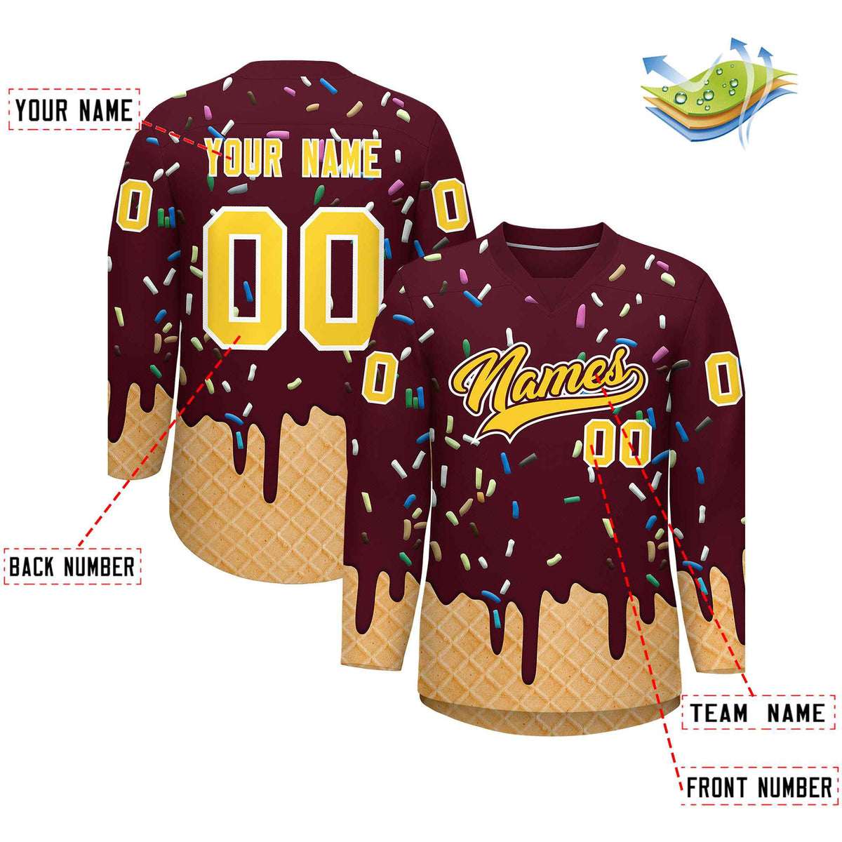 Custom Crimson Gold Ice Cream Pattern Personalized V-Neck Hockey Jersey