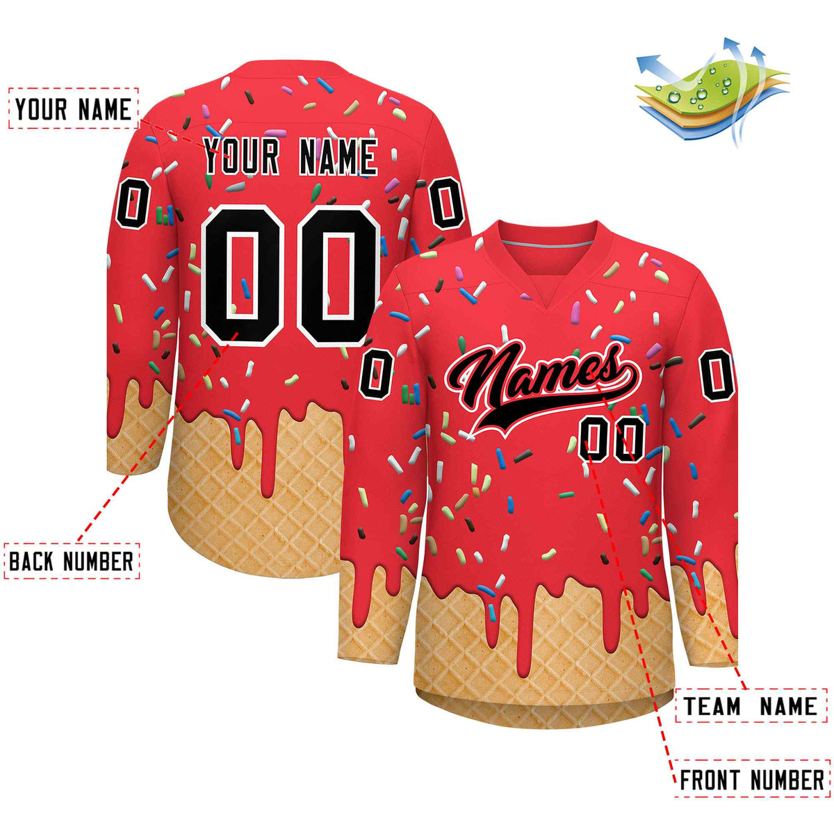 Custom Light Red Black Ice Cream Pattern Personalized V-Neck Hockey Jersey