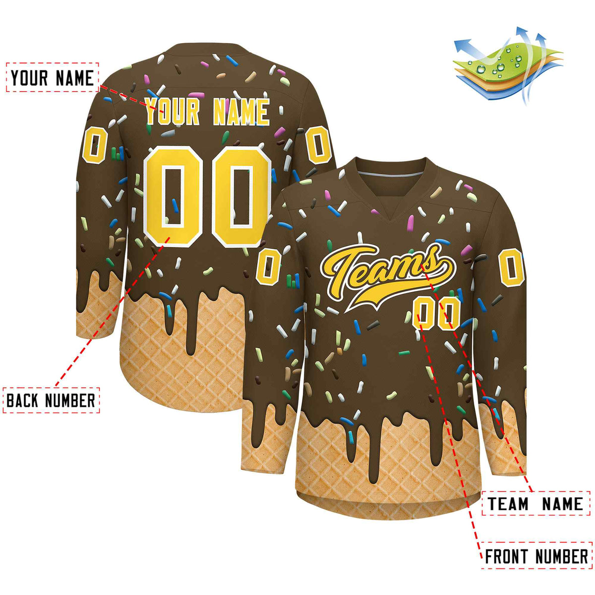Custom Light Brown Gold Ice Cream Pattern Personalized V-Neck Hockey Jersey