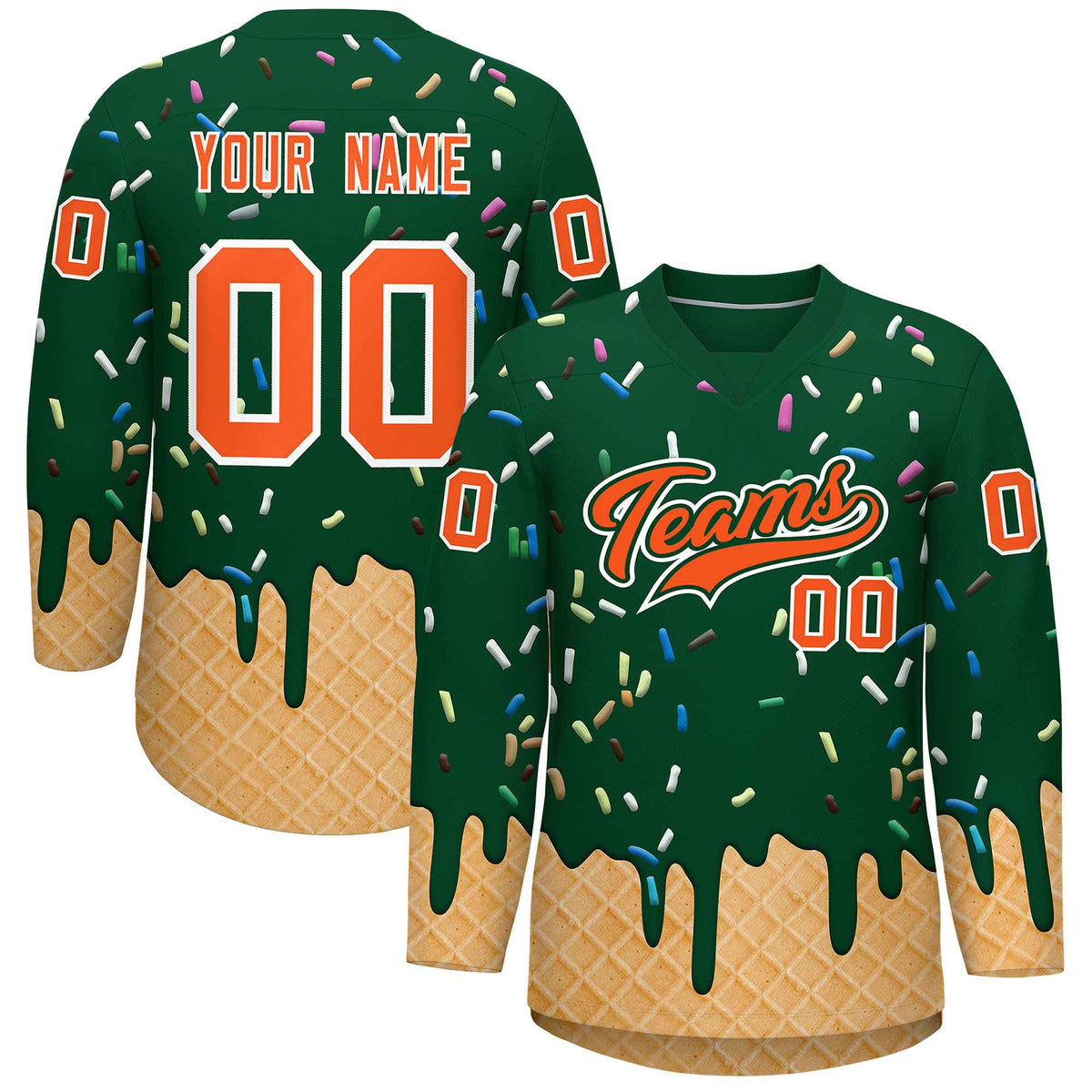 Custom Green Orange Ice Cream Pattern Personalized V-Neck Hockey Jersey