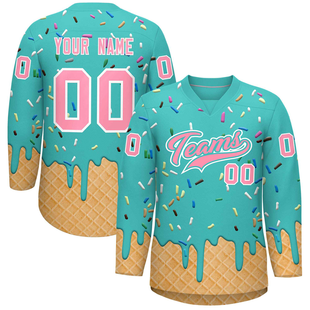 Custom Teal Light Pink Ice Cream Pattern Personalized V-Neck Hockey Jersey