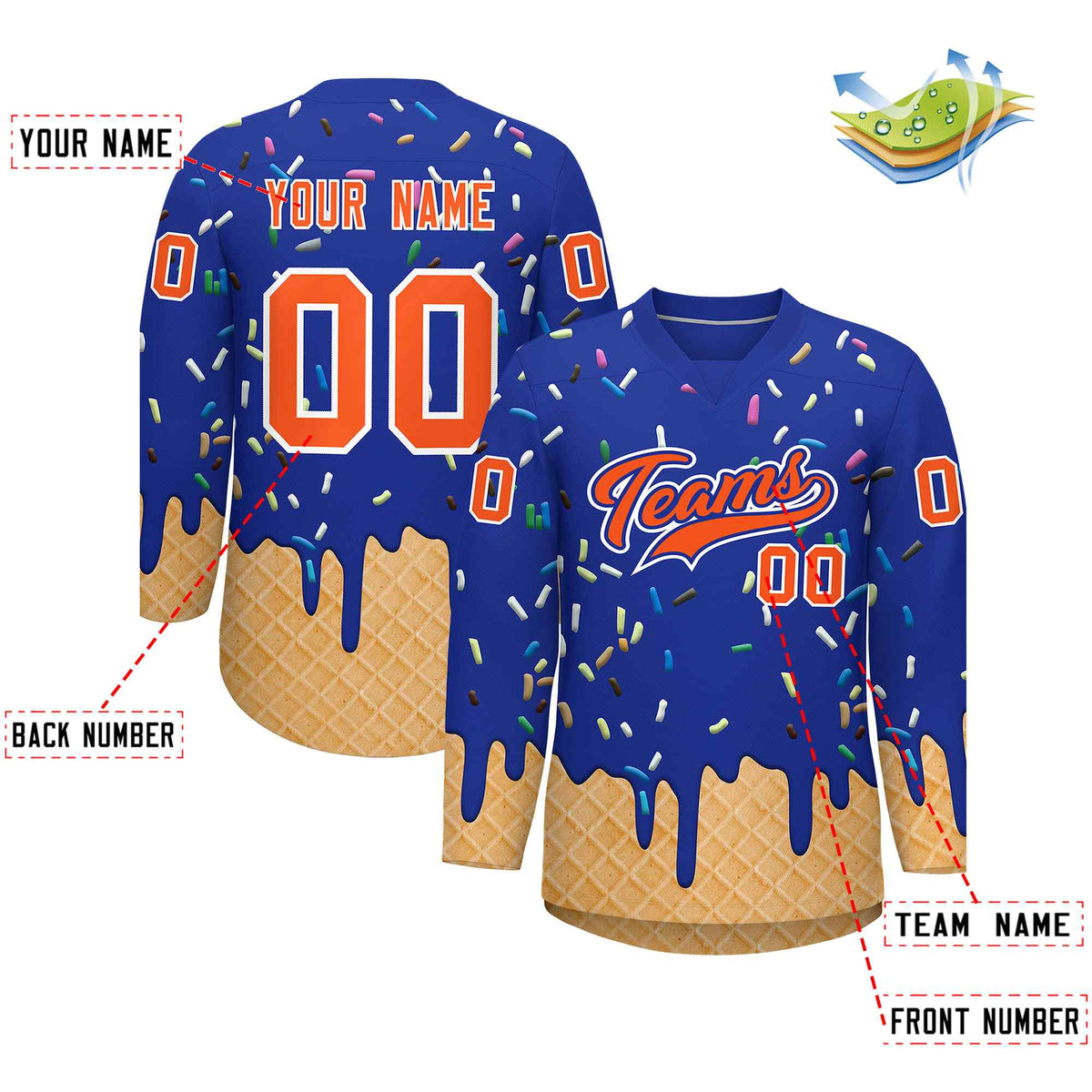 Custom Royal Blue Orange Ice Cream Pattern Personalized V-Neck Hockey Jersey