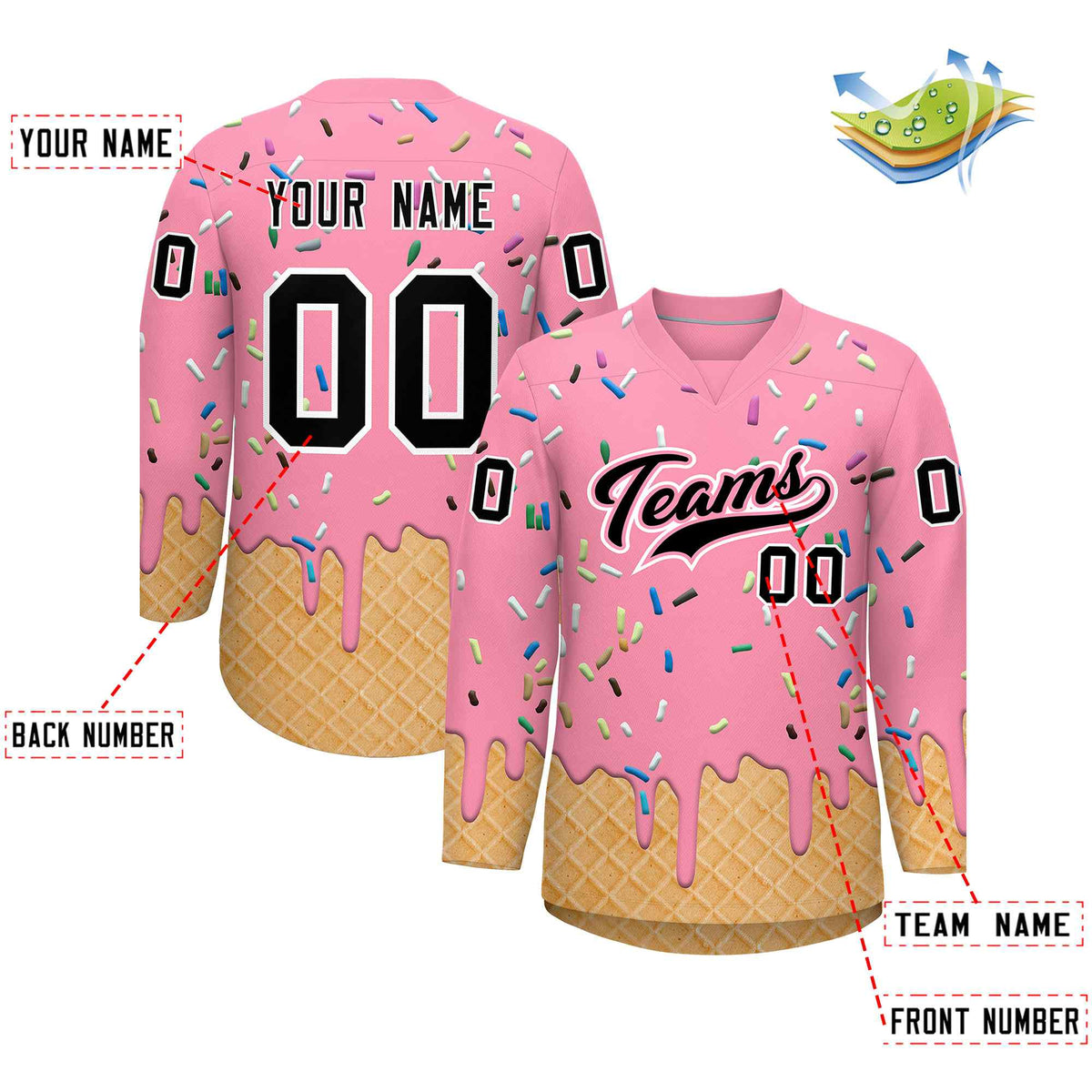Custom Light Pink Black Ice Cream Pattern Personalized V-Neck Hockey Jersey