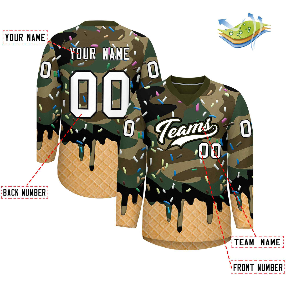 Custom Camo White Ice Cream Pattern Personalized V-Neck Hockey Jersey