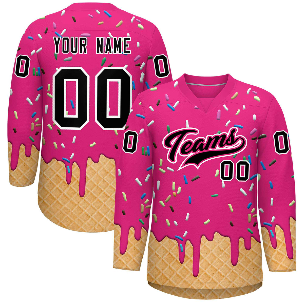 Custom Rose Red Black Ice Cream Pattern Personalized V-Neck Hockey Jersey