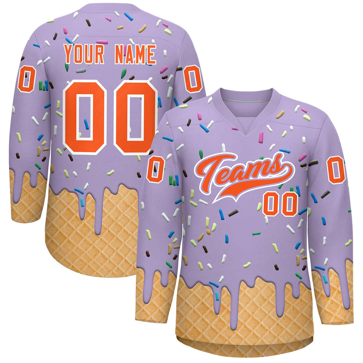 Custom Light Purple Orange Ice Cream Pattern Personalized V-Neck Hockey Jersey