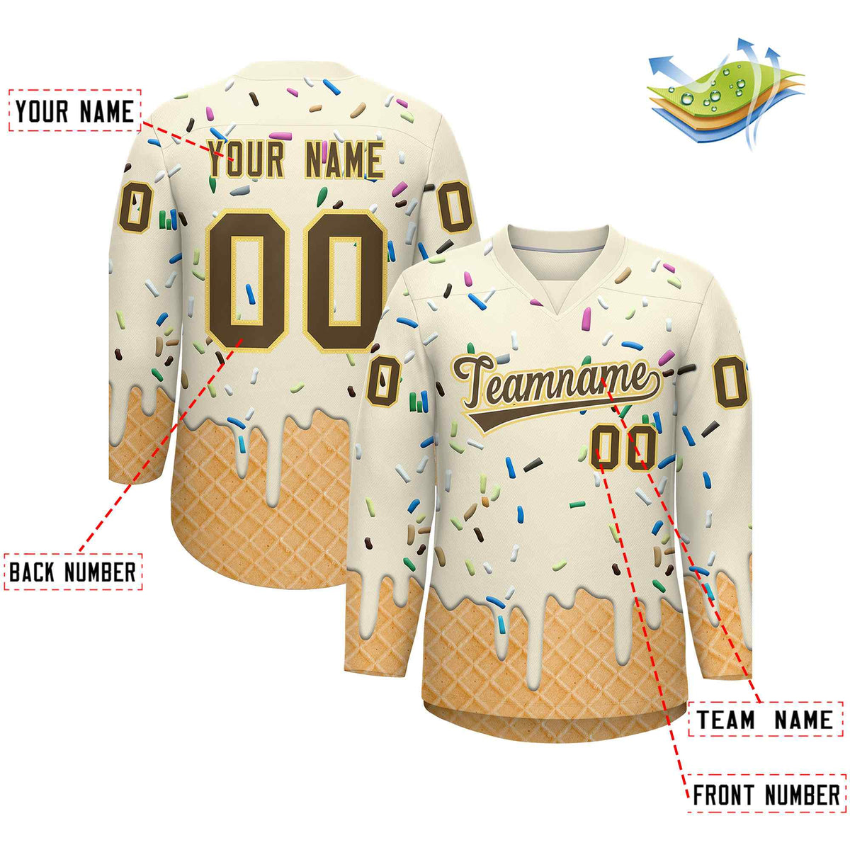 Custom Cream Light Brown Ice Cream Pattern Personalized V-Neck Hockey Jersey| KXKSHOP