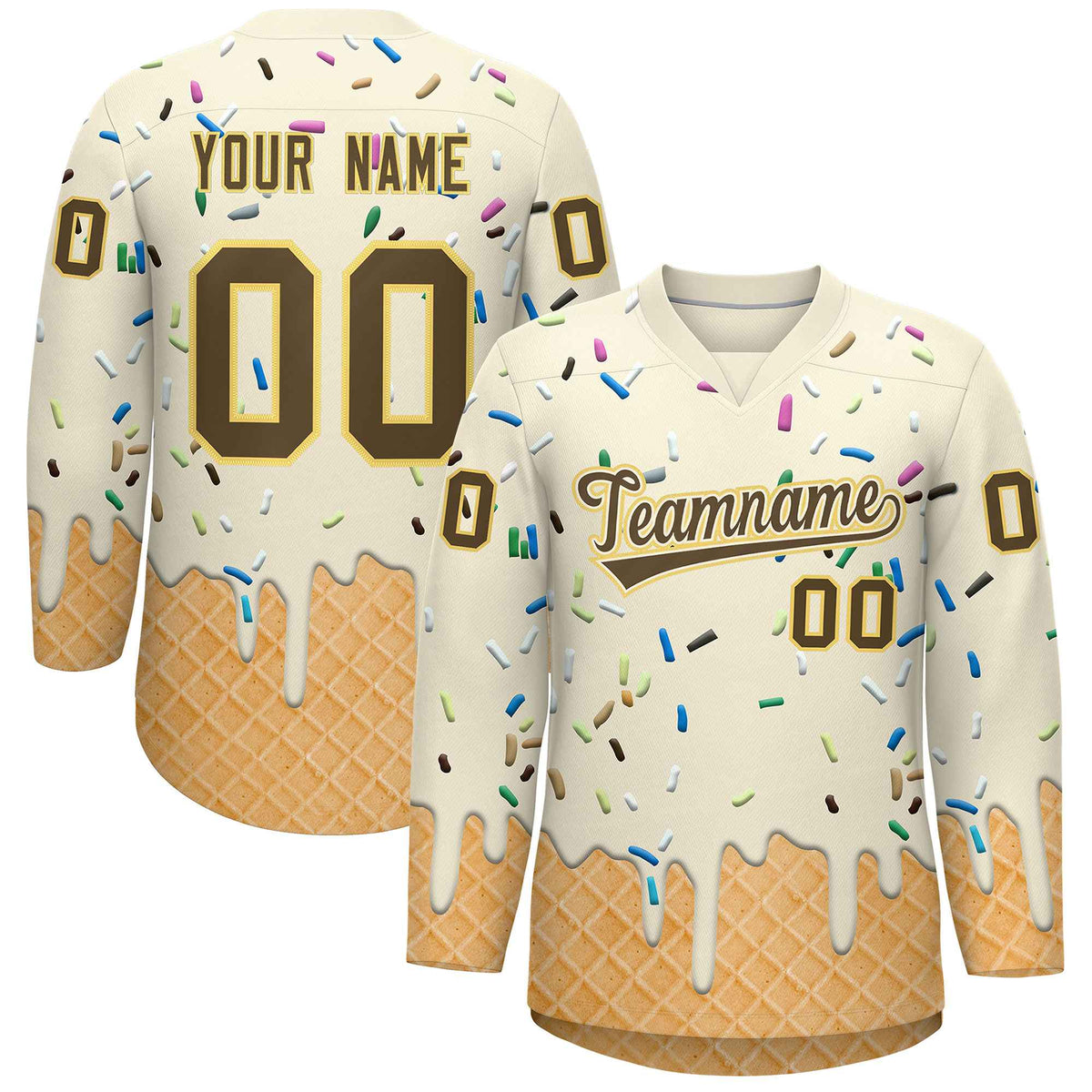 Custom Cream Light Brown Ice Cream Pattern Personalized V-Neck Hockey Jersey| KXKSHOP