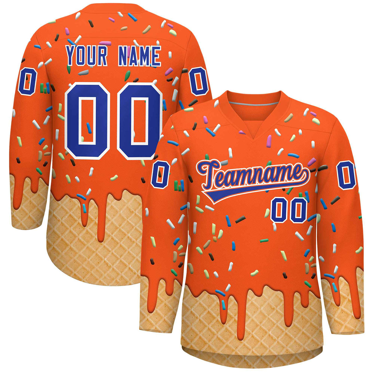 Custom Orange Royal Blue Ice Cream Pattern Personalized V-Neck Hockey Jersey| KXKSHOP