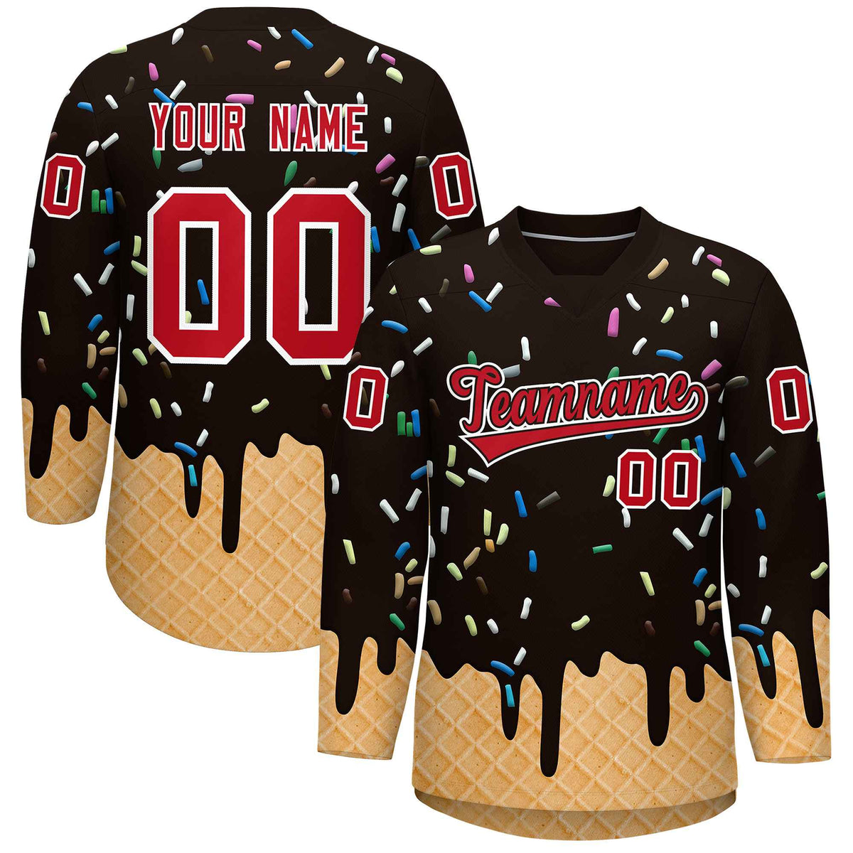 Custom Brown Red Ice Cream Pattern Personalized V-Neck Hockey Jersey| KXKSHOP