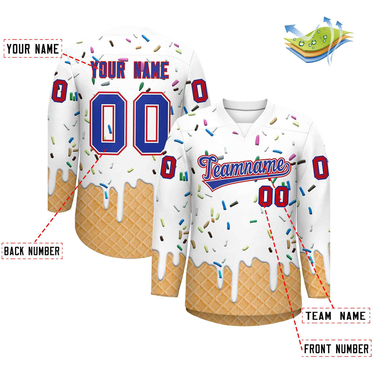 Custom White Royal Blue Ice Cream Pattern Personalized V-Neck Hockey Jersey| KXKSHOP