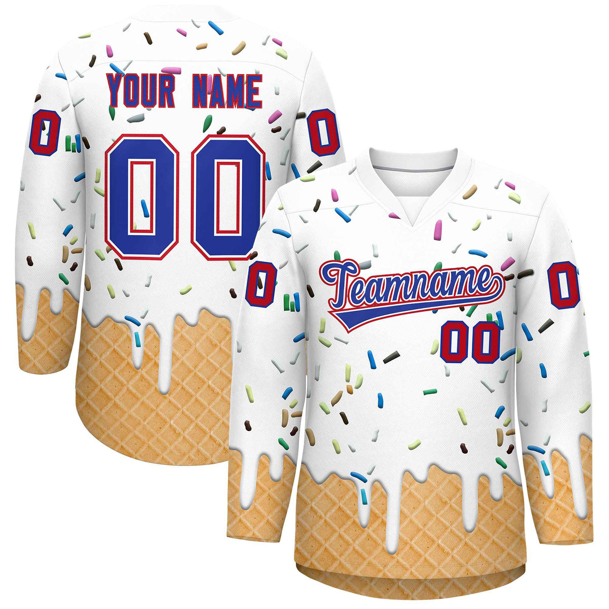 Custom White Royal Blue Ice Cream Pattern Personalized V-Neck Hockey Jersey| KXKSHOP