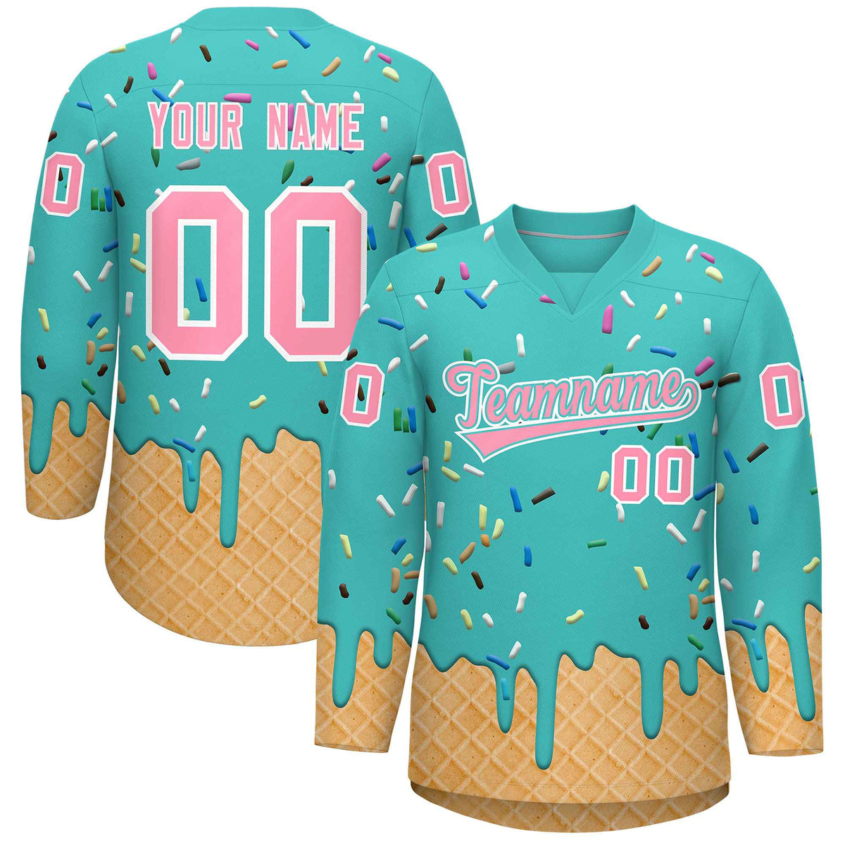 Custom Teal Light Pink Ice Cream Pattern Personalized V-Neck Hockey Jersey| KXKSHOP